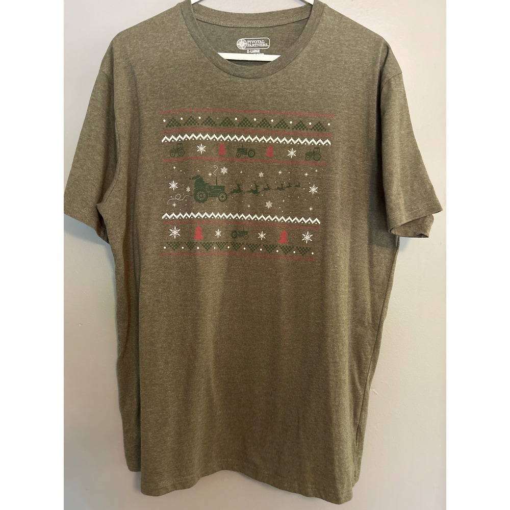 Pivotal Partners Mens XL Christmas Tractor Graphic T-Shirt Heather Olive Green